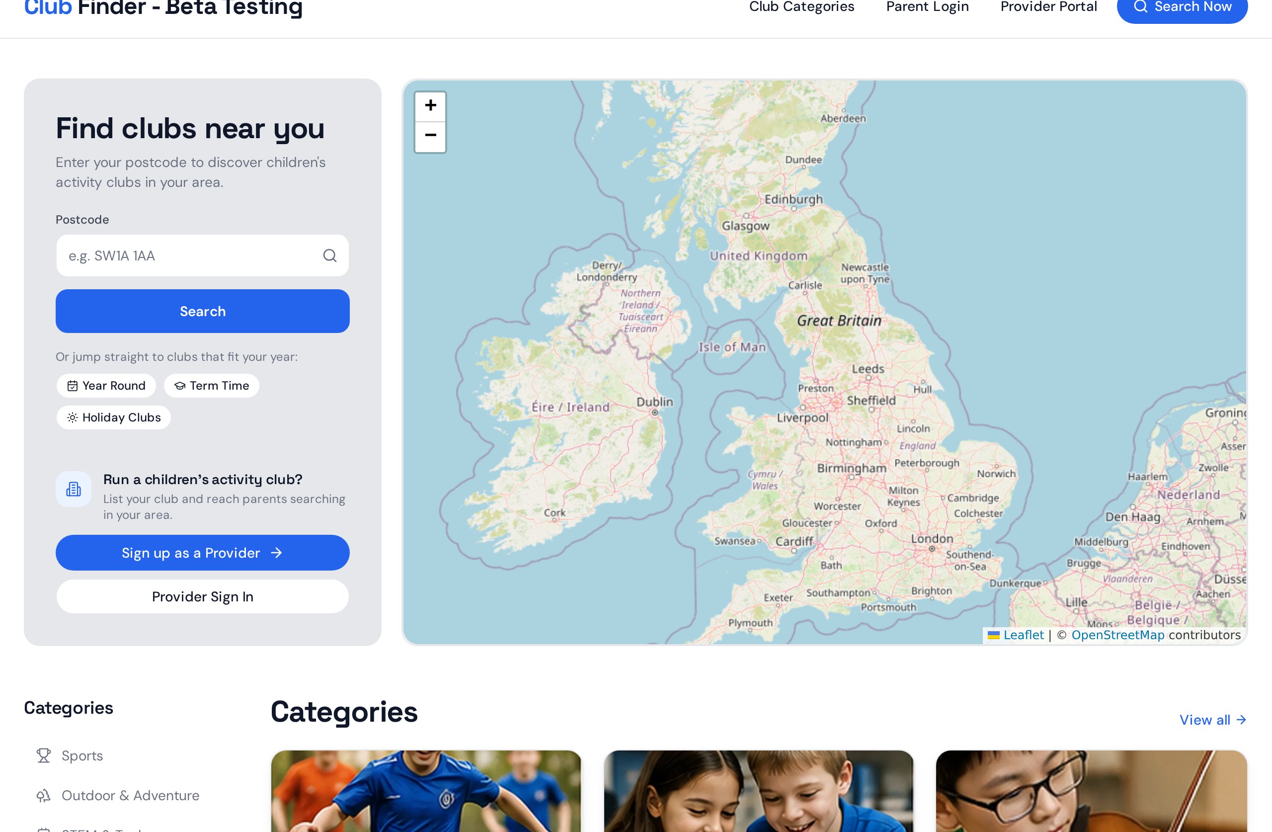 Club Finder showing postcode search, a map and category cards