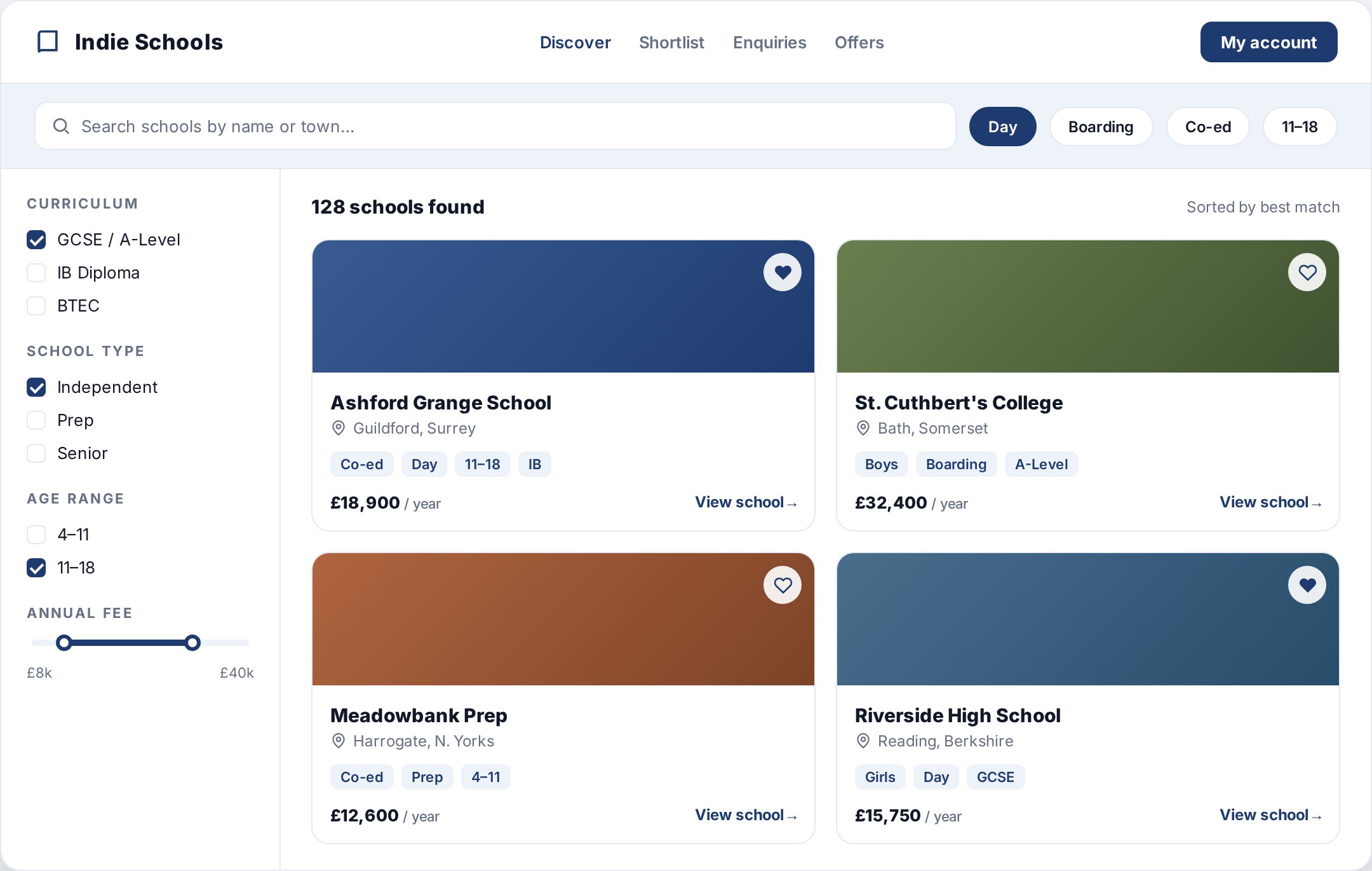 Indie School directory of school cards with filters and a shortlist